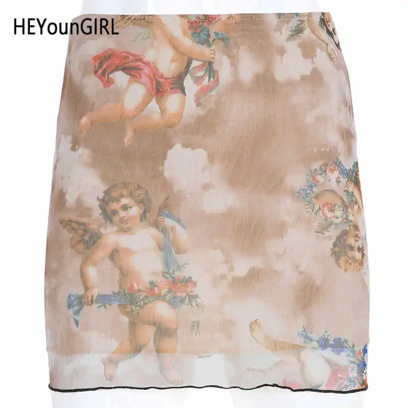 HEYounGIRL мини-юбка с принтом ангела и высокой талией, повседневные женские юбки футляр в стиле Харадзюку, черная короткая юбка в Корейском стиле, летняя уличная одежда - Цвет: Хаки
