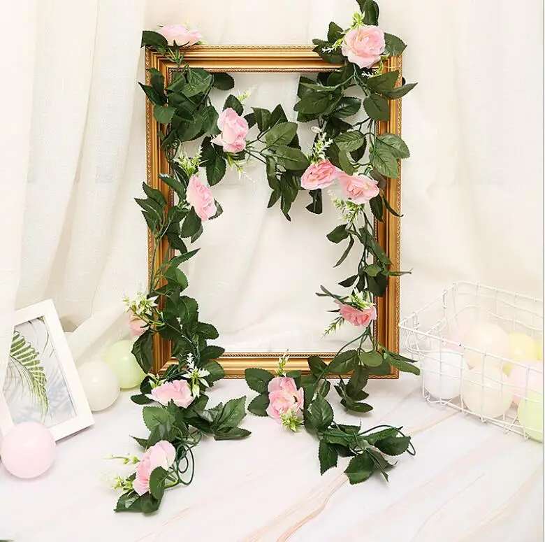 lightpink 250 см/лот шелковые розы плюща лоза с зелеными листьями для дома Свадебные украшения поддельные листья diy Висячие гирлянды искусственные цветы - Цвет: lightpink