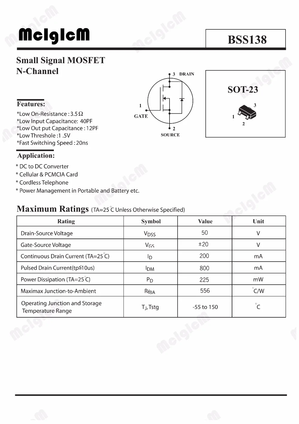 MCIGICM bss138, 100 шт N-Channel с алюминиевой крышкой, 50В 220mA(Ta) 360 МВт(Ta) поверхностного монтажа СОТ-23-3 SMD mosfet транзисторы СОТ-23 BSS138