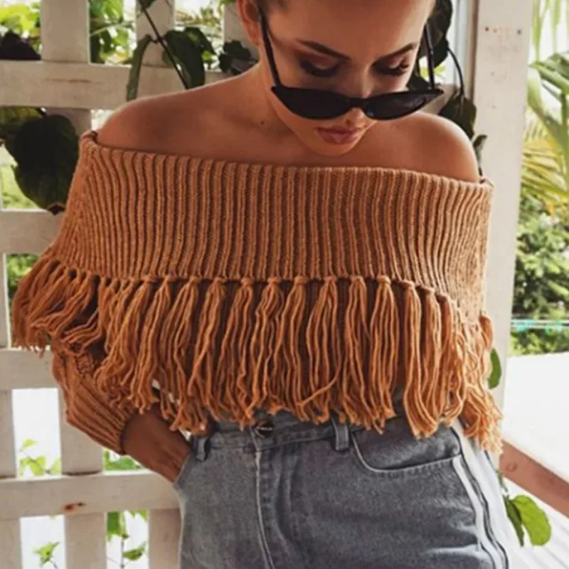 Sexy Women Slash-Neck Tassels Sweater Off the shoulder Fringed Pullover Knitted Shirt Long Sleeved High Waist Tops 2018 New | Женская