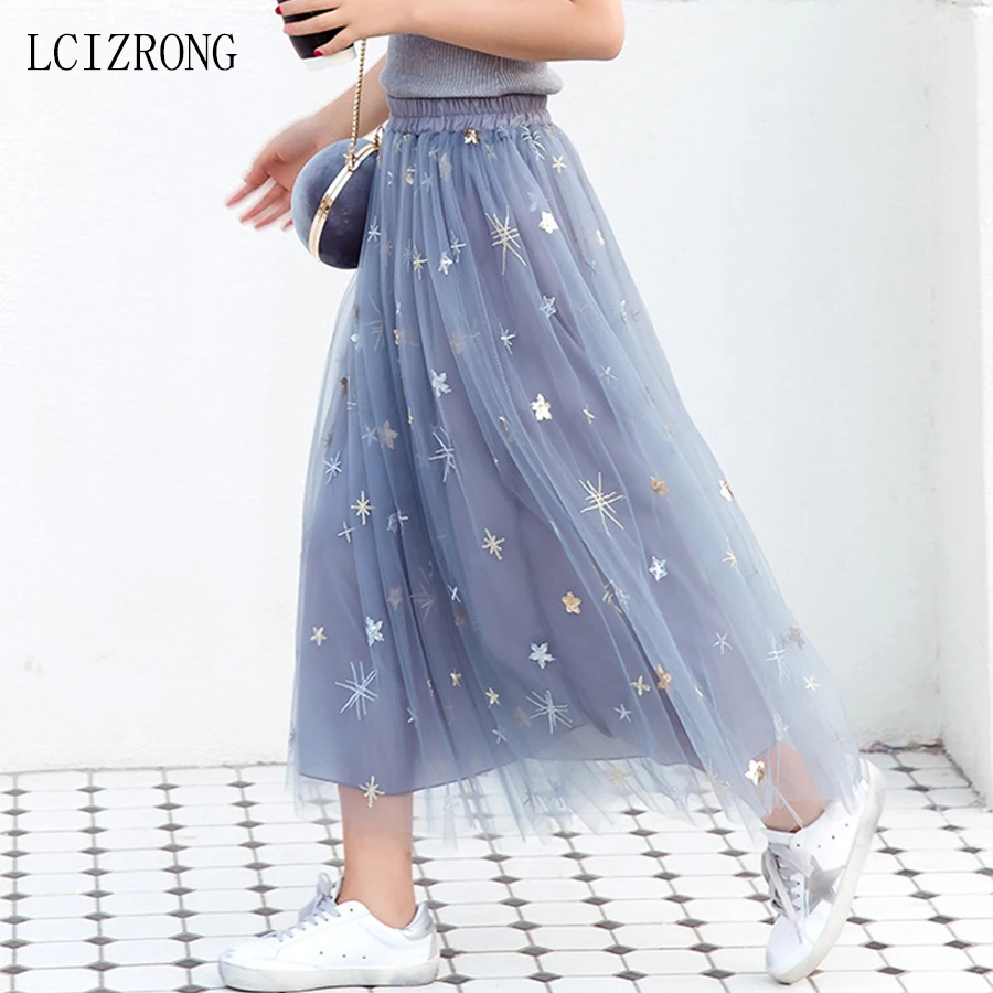 

Милая Юбка-миди с вышивкой и блестками, Корейская трапециевидная юбка из тюля, модная черная сетчатая длинная юбка, 2019