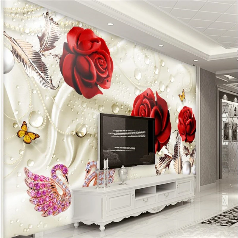 

beibehang Custom wallpaper mural photo 3d cubical abstract creative red rose flower Swan silk wall background wall paper