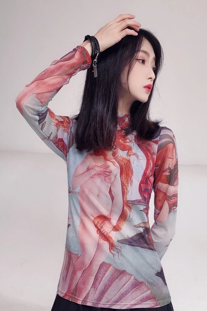 Женская футболка с длинными рукавами Tide красная облегающая принтом масляной