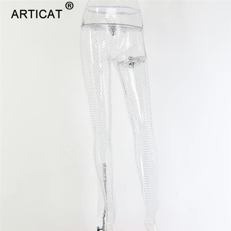 Articat, стразы, алмаз, сексуальные, с разрезом, широкие брюки, для женщин, высокая талия, выдалбливают, летние, женские брюки, повседневные, пляжные, вечерние, брюки