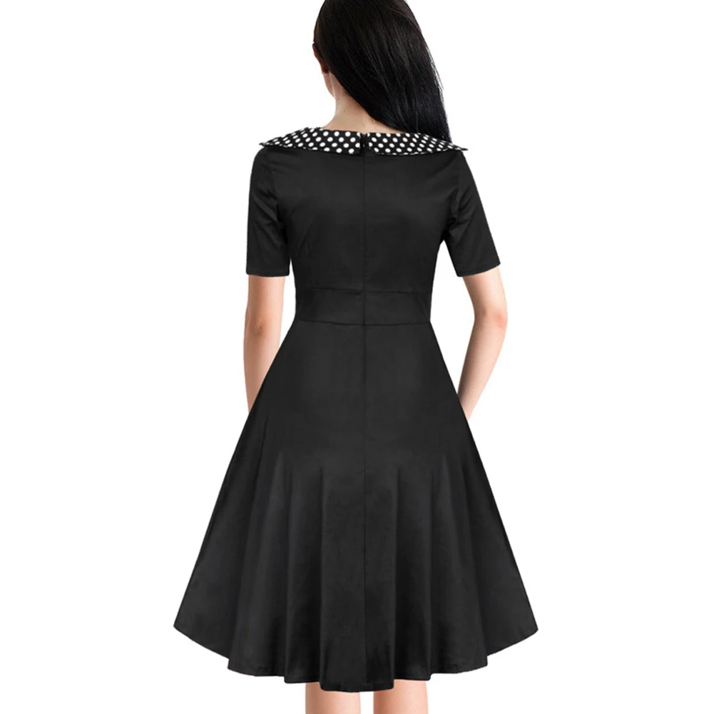Женское винтажное платье в горошек черное ТРАПЕЦИЕВИДНОЕ ПЛАТЬЕ с круглым