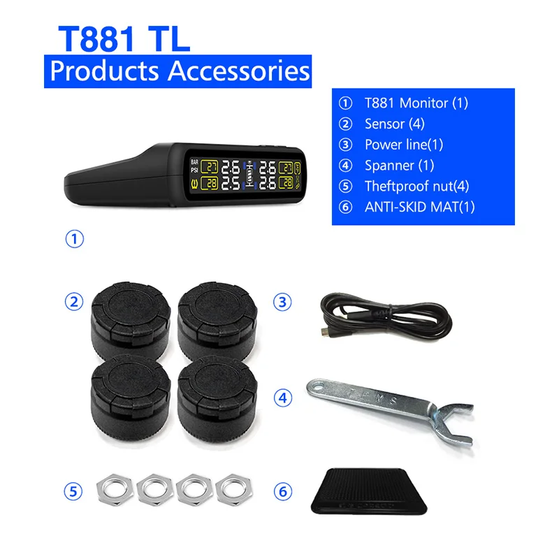 T881B TL TPMS сигнализация давления в шинах с 4 внешними датчиками и PSI BAR два оповещения