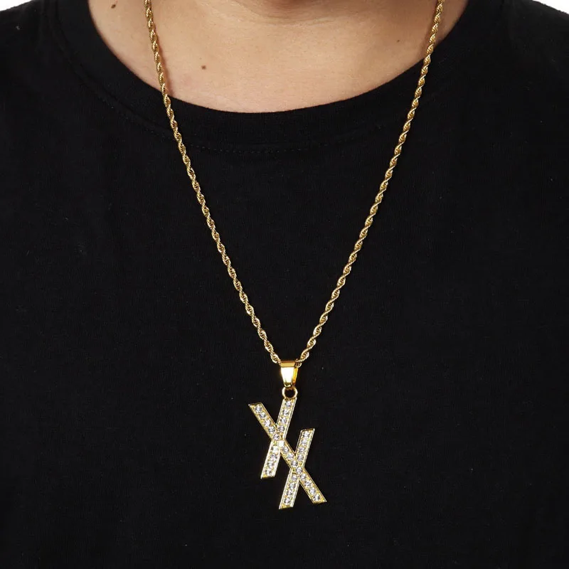 RLMYWS хип хоп горный хрусталь XX письмо кулон Цепочки и ожерелья s Gold Filled мужские