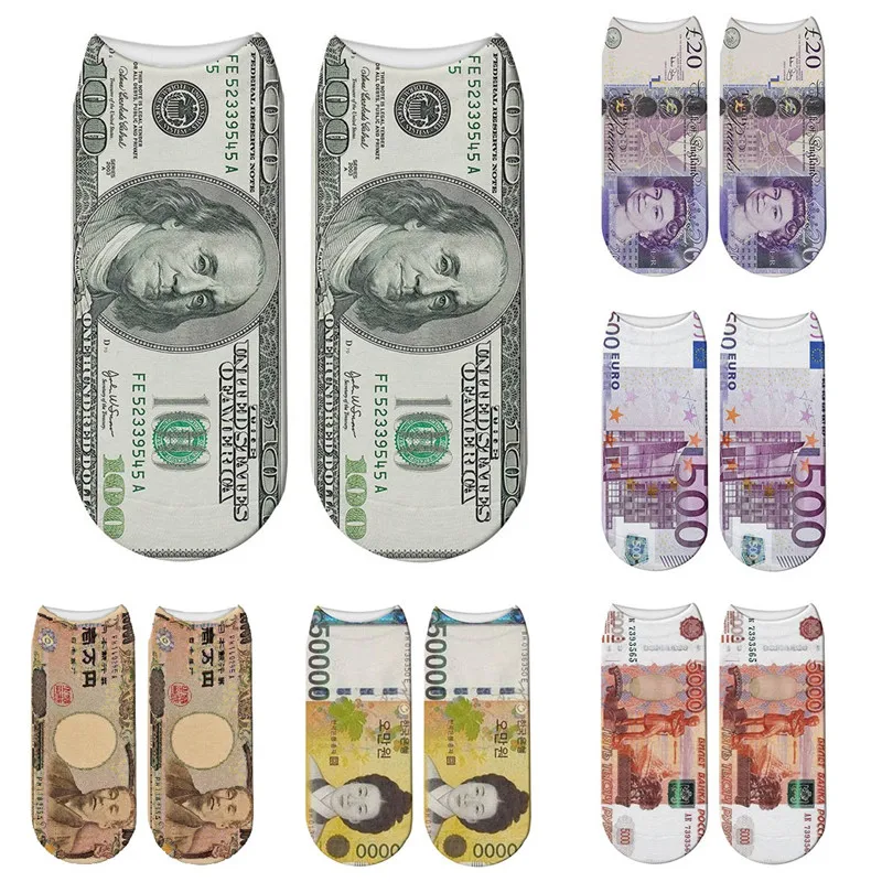 Новые женские короткие женские носки до голени Для мужчин забавные валюта 3D носки с принтом хлопковые чулки с принтом носки 7S-ZWS36