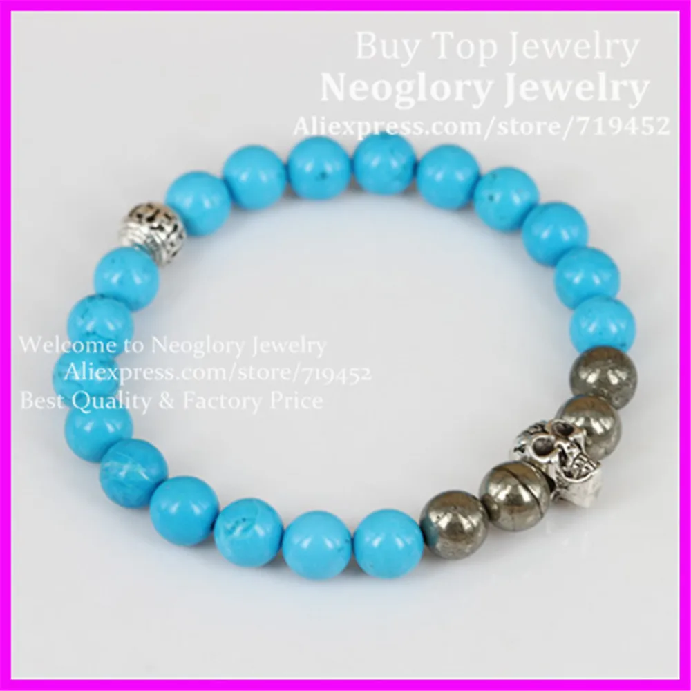 Оптовая продажа 12 шт. мужской браслет с черепом и бусинами Круглый пиритовый из