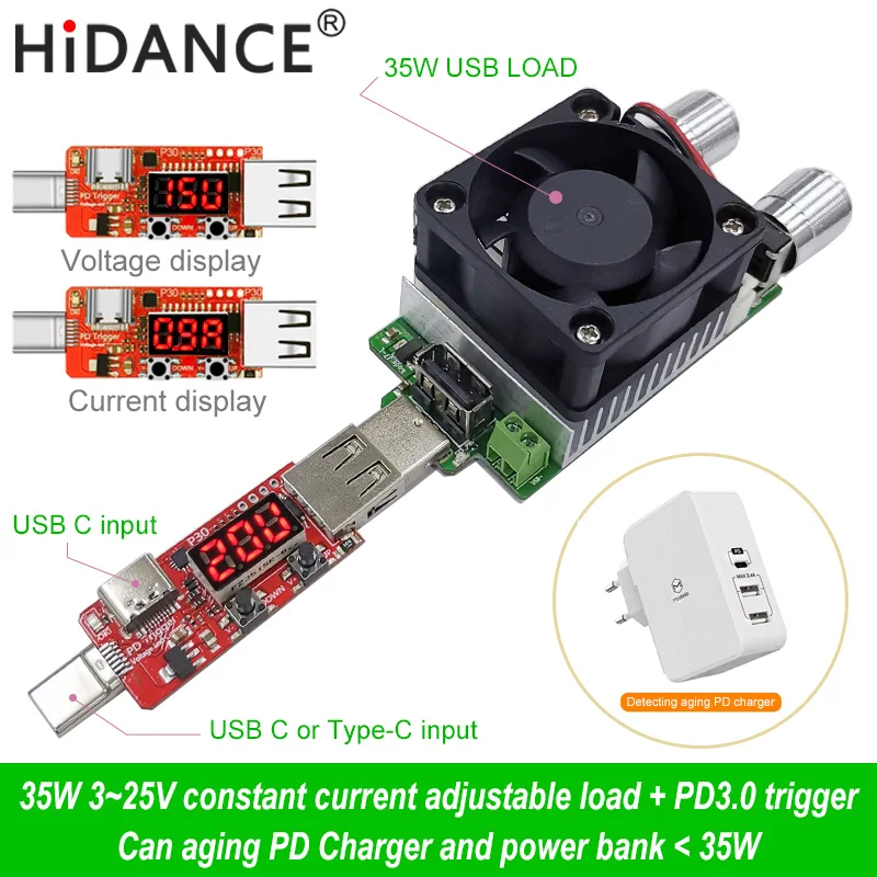 HiDANCE 35 Вт Зарядное устройство старение разрядки нагрузки + PD3.0 триггер 5 В/9 В/12 В/15