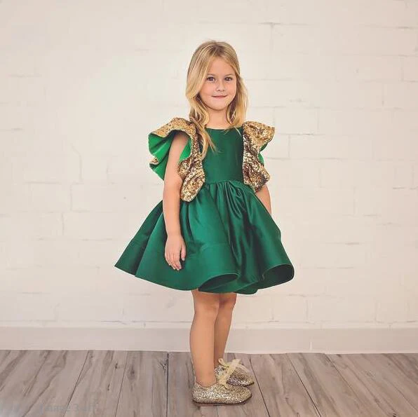 Dark Green Flower Girls Dresses With Bow Knot gold Sequins Backless Satin Pageant Gowns Knee Length Sleeveless prom dress | Детская