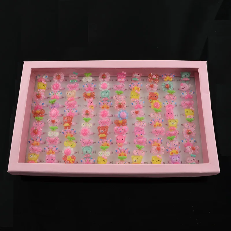 Cute Children's Day Jewelry Plastic Kids Rings for Girls with Mixed Style Resin Cabochons Color 41mm 100pcs/box | Украшения и