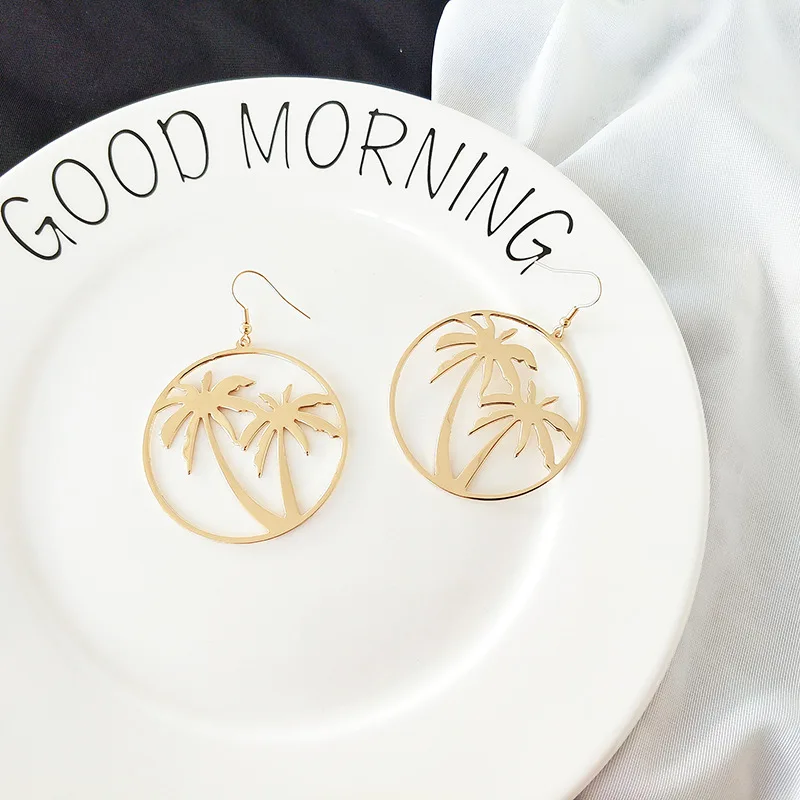 Модные Простые Женские Висячие серьги с кокосовой пальмой большие круглые