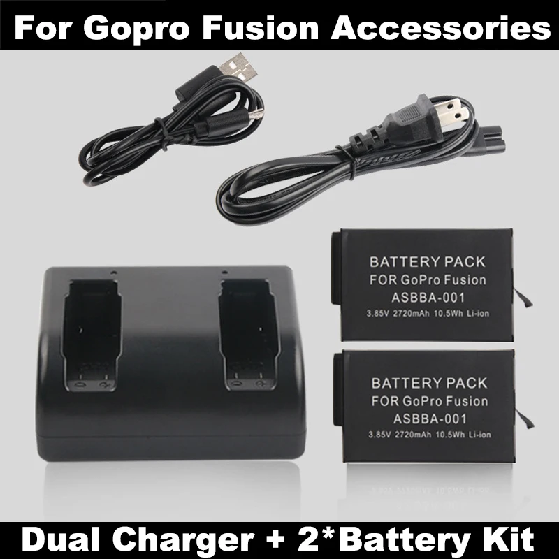 2720mAh ASBBA-001 battery For Gopro Fusion Camera Accessory + Dual batteries Charger 360 Go Pro Accessories | Электроника