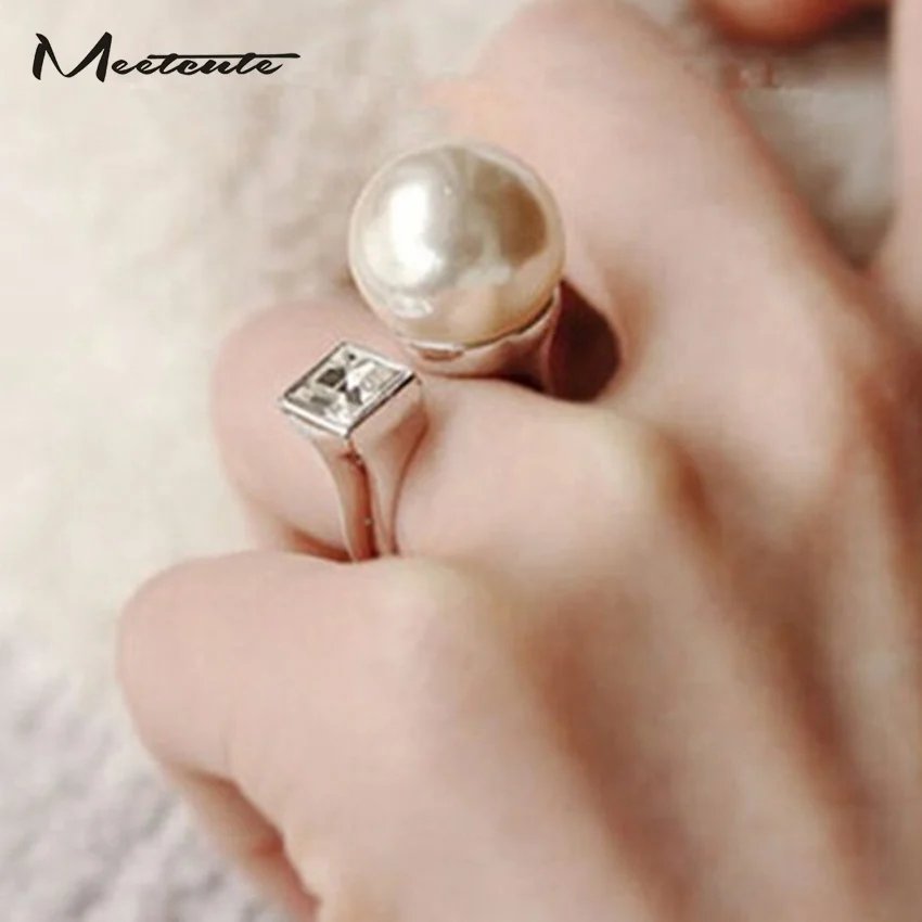 Женское кольцо с бусинами Meetcute белое круглый искусственный жемчуг большое