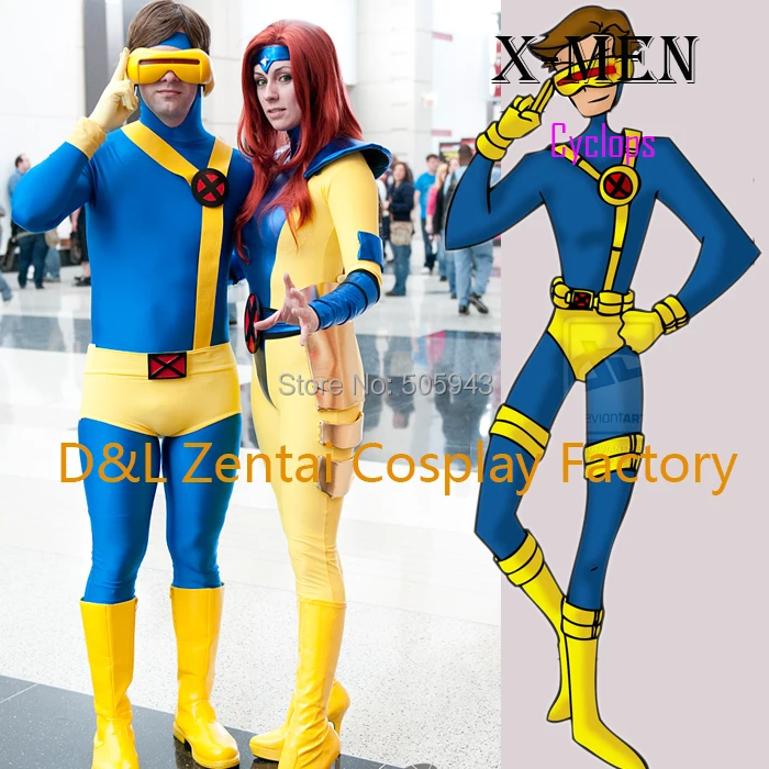 Бесплатная доставка костюм супергероя X- Men для взрослых Из синих и желтых лайкры