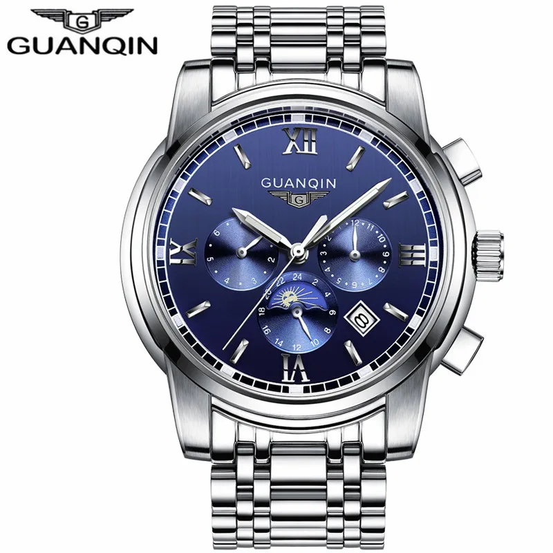 SILVER BLUE GUANQIN часы для мужчин люксовый бренд автоматический самоветер бизнес нержавеющая сталь Водонепроницаемый механические наручные часы для мужчин часы - Цвет: SILVER BLUE