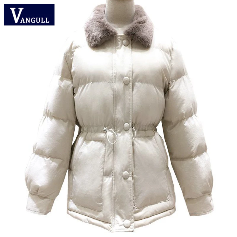 Beige White Vangull толстые женские парки зимние теплые женские свободные куртки с длинным рукавом большой меховой воротник пальто на молнии приталенная Повседневная однотонная верхняя одежда - Цвет: Beige White