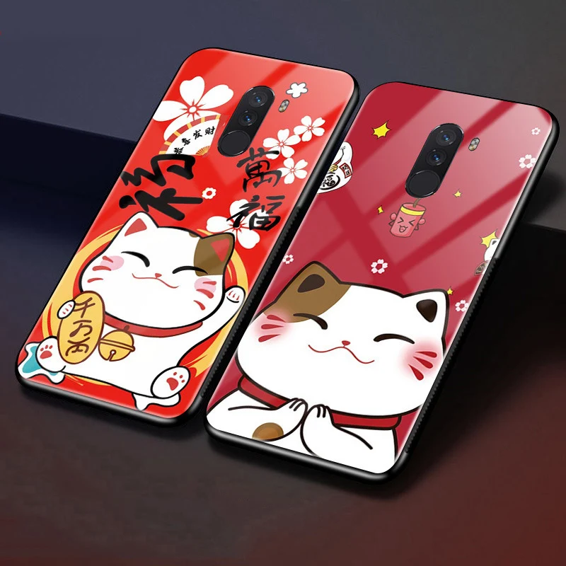 Чехол для Xiaomi Pocophone F1 Poco чехол Lucky cartoon cat из закаленного стекла телефона