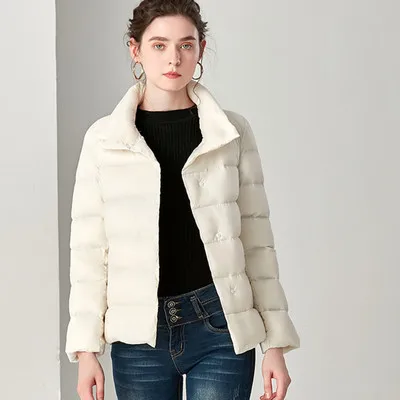 white Короткое женское зимнее 90% белое пуховое пальто и тонкая хлопковая стеганая куртка Осенняя Куртка стильная уличная одежда - Цвет: white