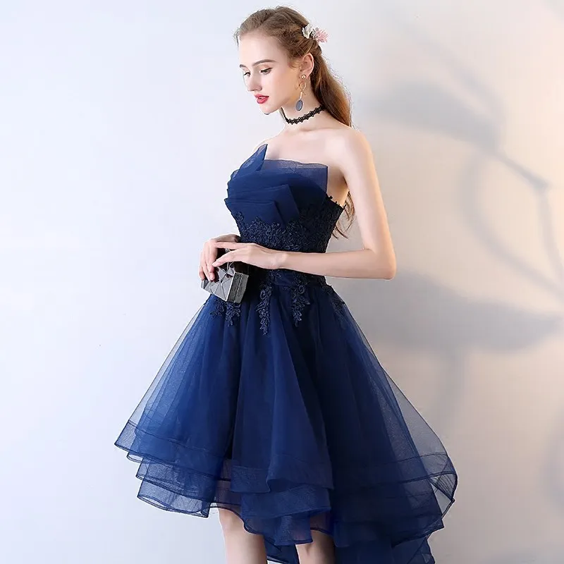Robe De Soriee Новые темно-синие высокие низкие аппликации для вечернего платья кружева талии без бретелек сексуальные элегантные Формальные Выпускные вечерние платья