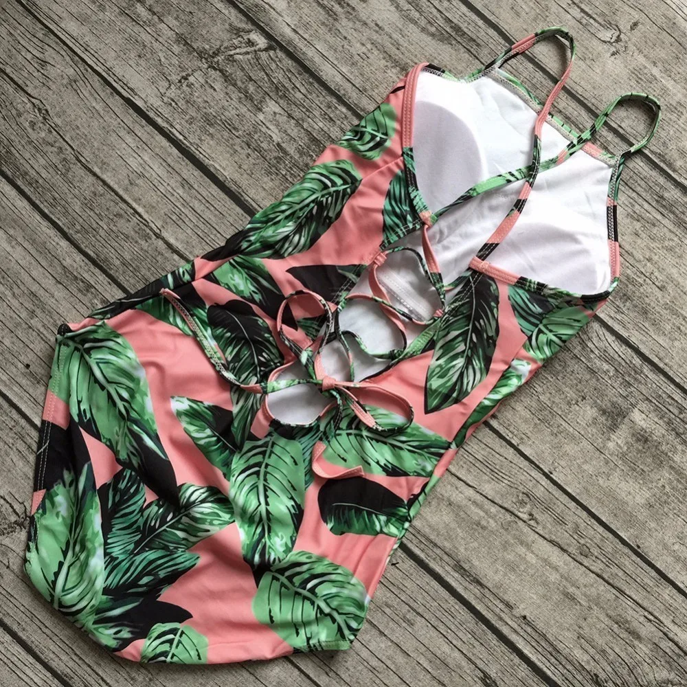 2018 сексуальный цельный купальник женский с принтом листьев боди крючком Бандаж