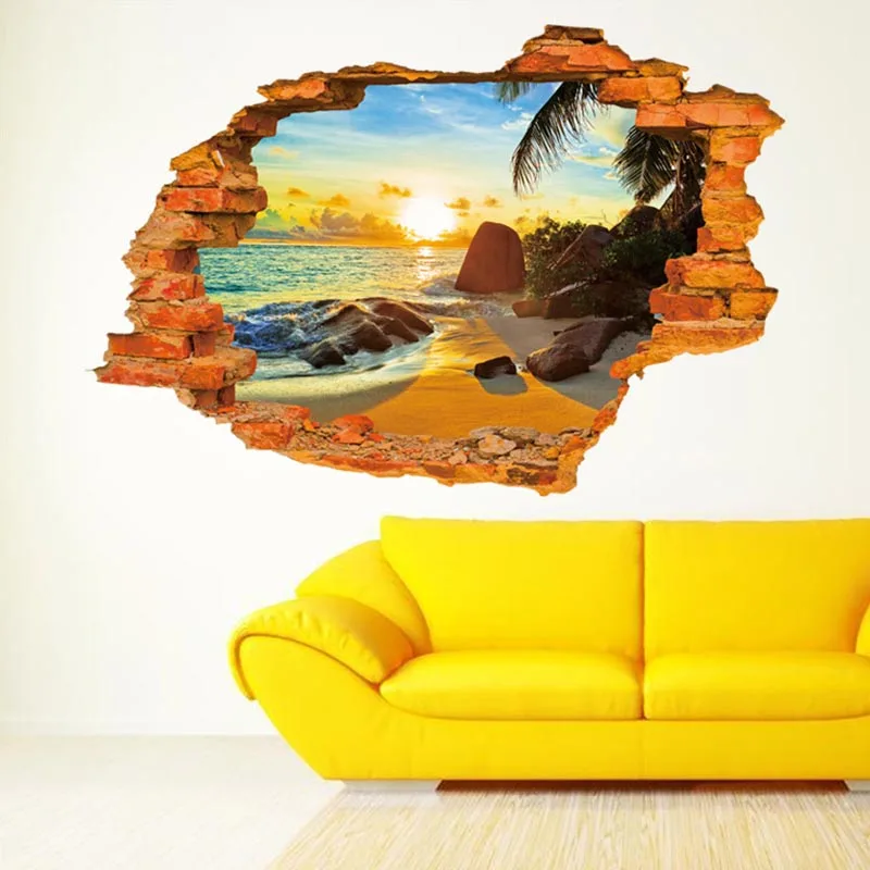 70*90 см Горячие 3D отверстие пляж Солнечный свет настенные наклейки с пейзажами для