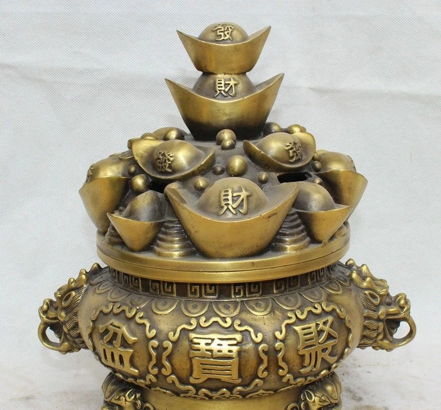 12 &quotКитай Медь Богатство Yuanbao Сокровище Чаша льва ручка благовония горелки