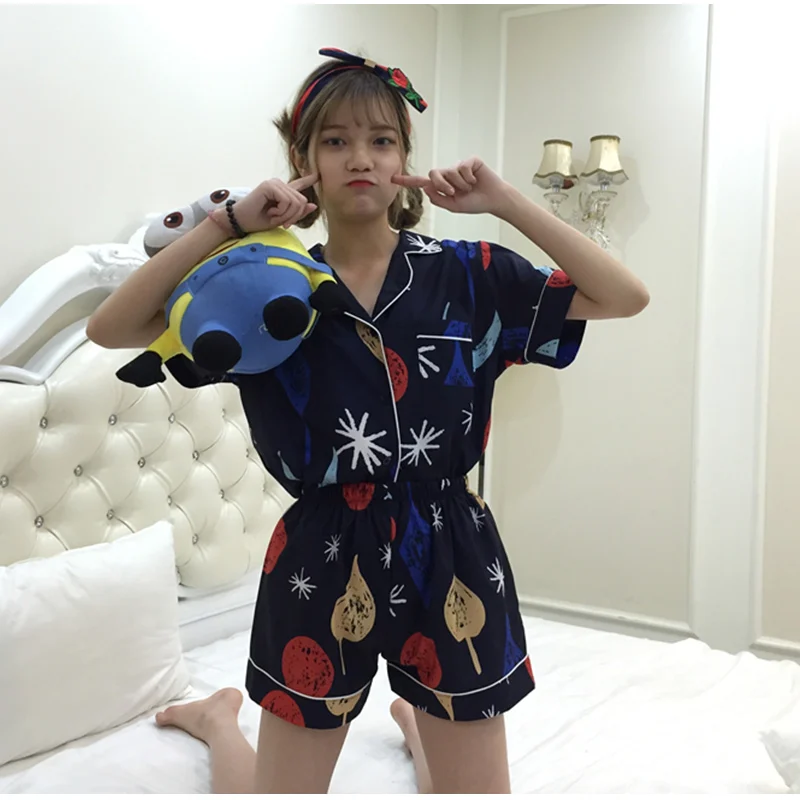 Kawaii принт комплект из двух предметов женские пижамы рубашка и шорты корейская мода свободные пижамы Женская повседневная домашняя одежда