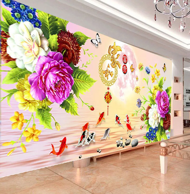 DIY Алмазная вышивка Круглый Алмаз пион семья и богатые девять рыб Полный Стразы 5D