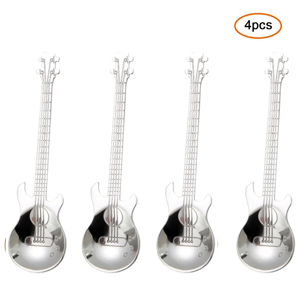 4pcs Silver 7 шт./4 шт. Гитарный комплект кофейных ложек из нержавеющей стали, десертная ложка для мороженого, чайные ложки, кофейные аксессуары, столовые приборы, питьевые инструменты - Цвет: 4pcs Silver
