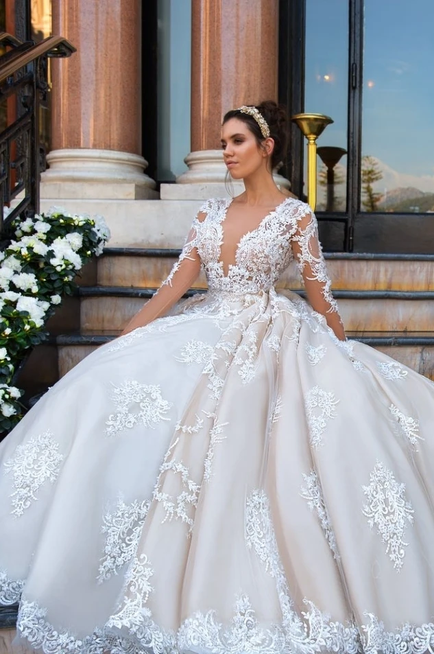 Роскошные наряды с длинным рукавом кружевные свадебные платья Vestido De Novia A Line с v-образным вырезом прозрачные платья невесты Свадебные платья Robe De Mariage
