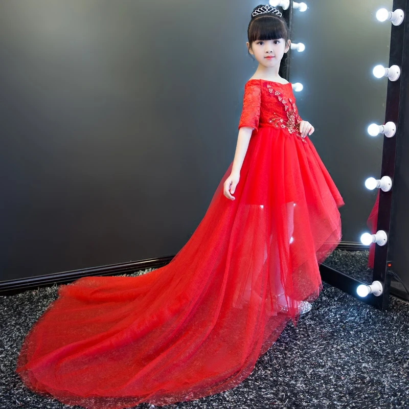 Red Royal Shoulderless Long Tailing Princess Flower Girls Dress Backless Appliques Ball Gown Kids Pageant For Wedding M44 | Детская