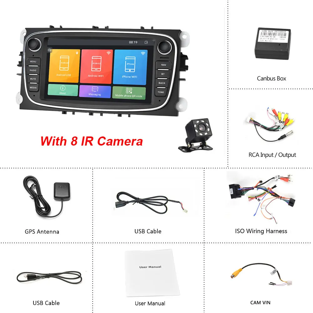 Black With 8 IR Camecho Android 8,1 Автомобильный мультимедийный плеер gps автомобильный Радио 2 Din dvd Авторадио для FORD/Focus 2 Mk2/Mondeo/S-MAX/C-MAX/Galaxy DVR - Цвет: Black With 8 IR