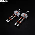 Uglyless Этнические женские ретро тайские серебряные ювелирные изделия ручной работы летучие мыши серьги Твердые 925 серебряный с агатом шарики серьги с бисером Экзотические