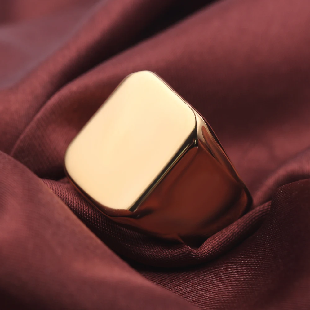 Personalized Customize Engrave Photo Logo Names Rings Square Big Width Signet Ring Stainless Steel Men Finger Black Gold color Украшения
