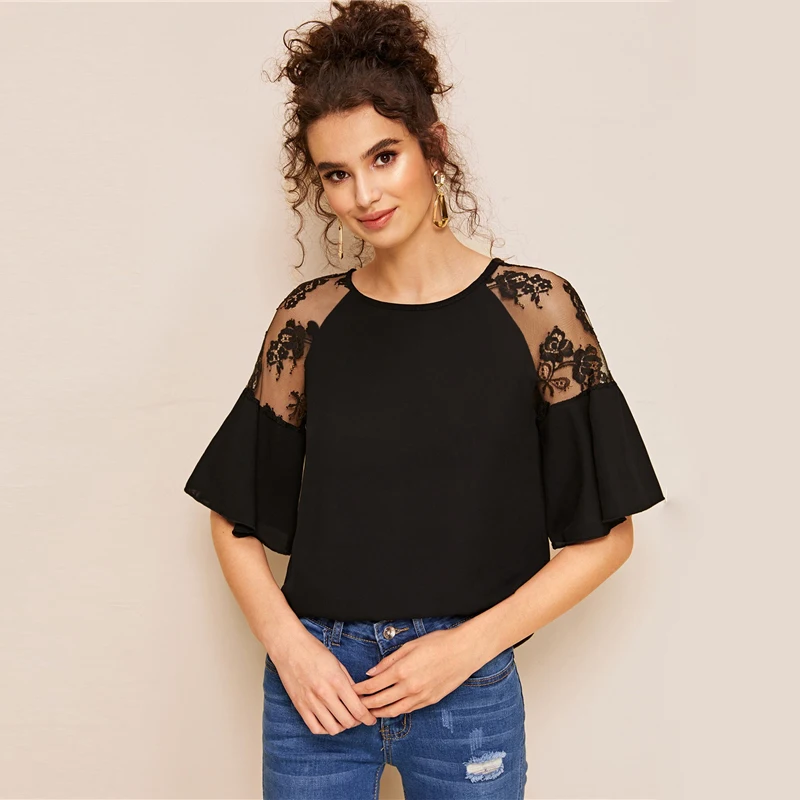 Sheinside Black Contrast Lace Trim Patchwork Blouse Women Summer Flounce Sleeve Blouses Ladies Solid Half Sleeve Top
