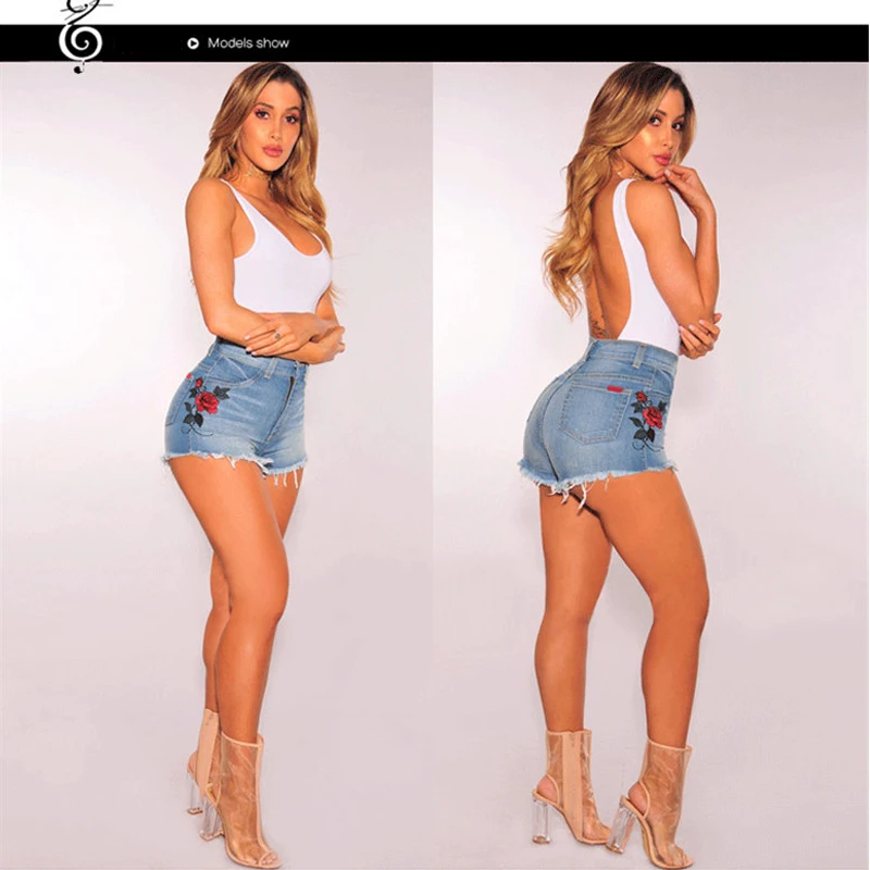 Джинсовые шорты Femme 2019 летние Harajuku винтажные розовые вышитые цветочные джинсовые