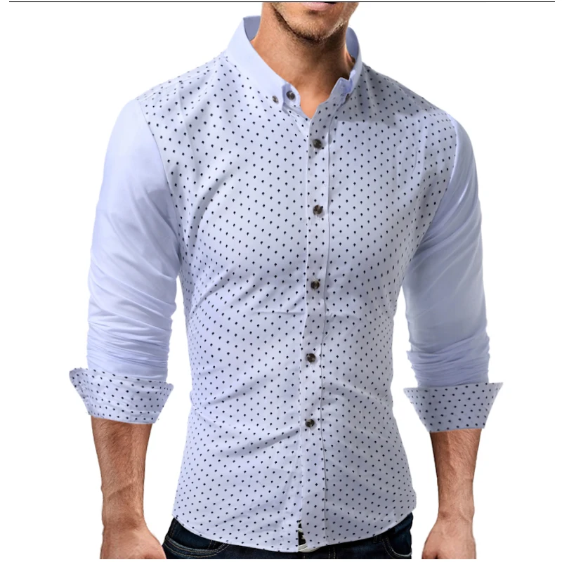 F-SFRWA 2019 Brand Dress Shirts Mens Polka Dot Stitching Shirt Slim Fit Male Long sleeve Heren Hemden shirt XXL | Мужская одежда