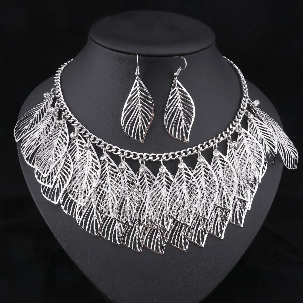 Эффектные наборы Колье винтажные полые многослойные ожерелья с листьями и