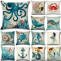 sea turtle nautical mermaid pattern cotton linen throw pillow cushion cover car home decoration sofa decorative pillowcase 40018