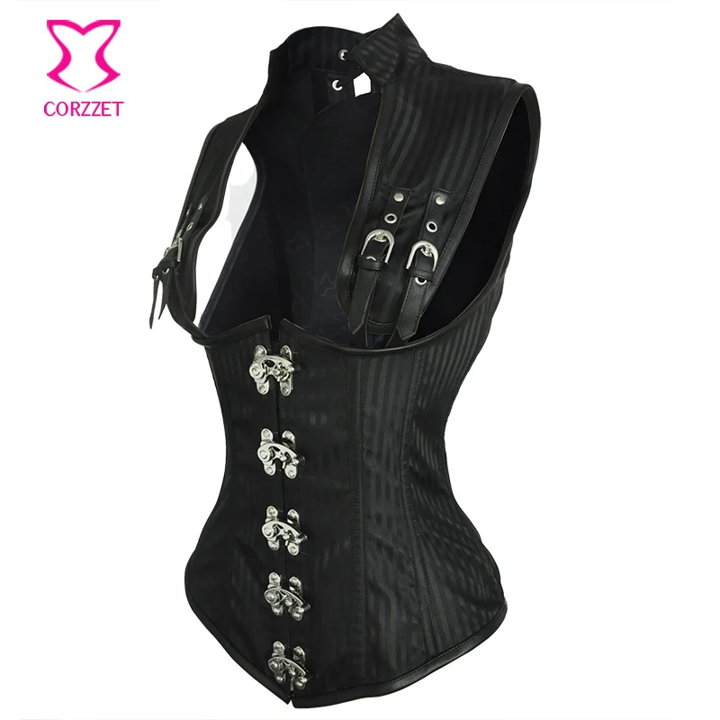 Черный готический корсет в полоску с воротником-стойкой жилет под грудью