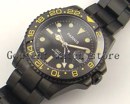 Парниш 40 мм GMT керамический ободок sapphire черный циферблат желтый автоматические