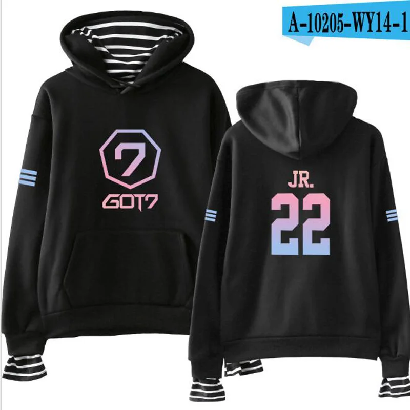 

K POP KPOP GOT7 Harajuku Hooded Sweatshirt Stripe Patchwork Fake Two Pieces Long sleeve Hoodie Casual Loose Streetwear Tracksuit