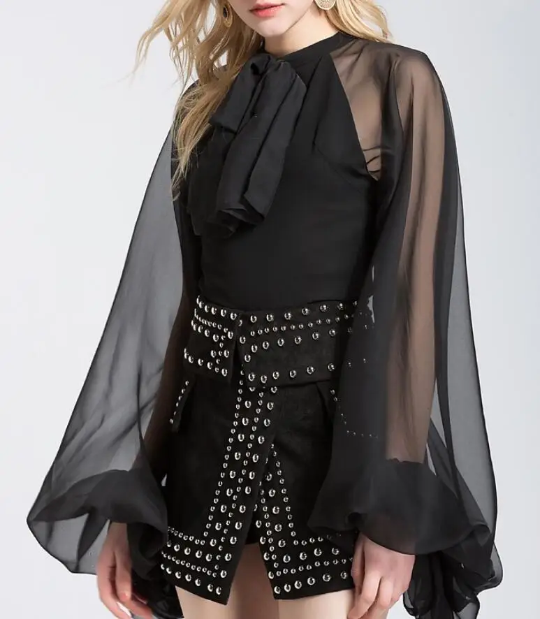 Женская шифоновая блузка с бантом и рукавом фонариком прозрачные сексуальные