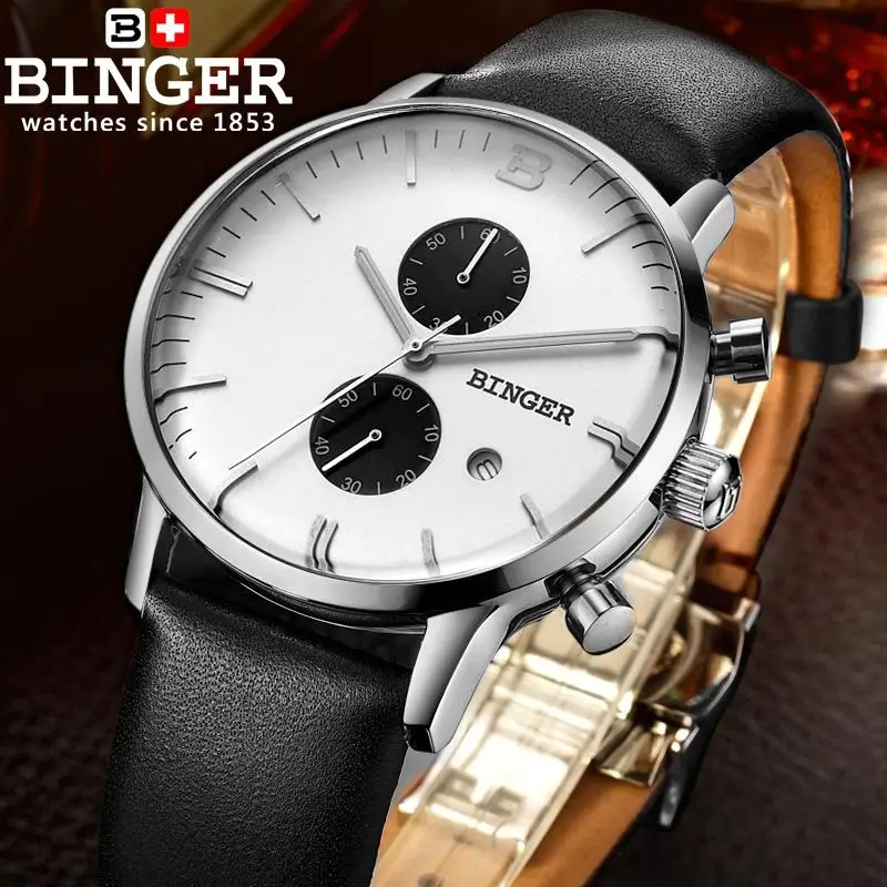 

Switzerland men's watch luxury brand Wristwatches BINGER Quartz clock glowwatch leather strap Chronograph Diver B1122-4