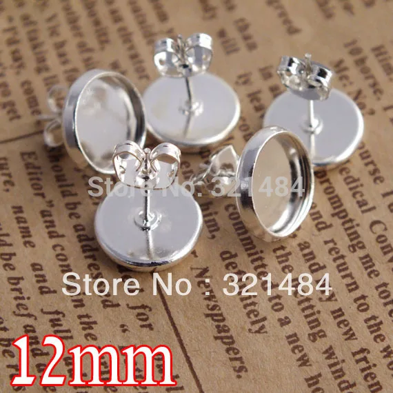 bulk 1000X silver plated 12mm cameo cabochon setting blank earring post with pad and backs butterfly stoppers for stud findings