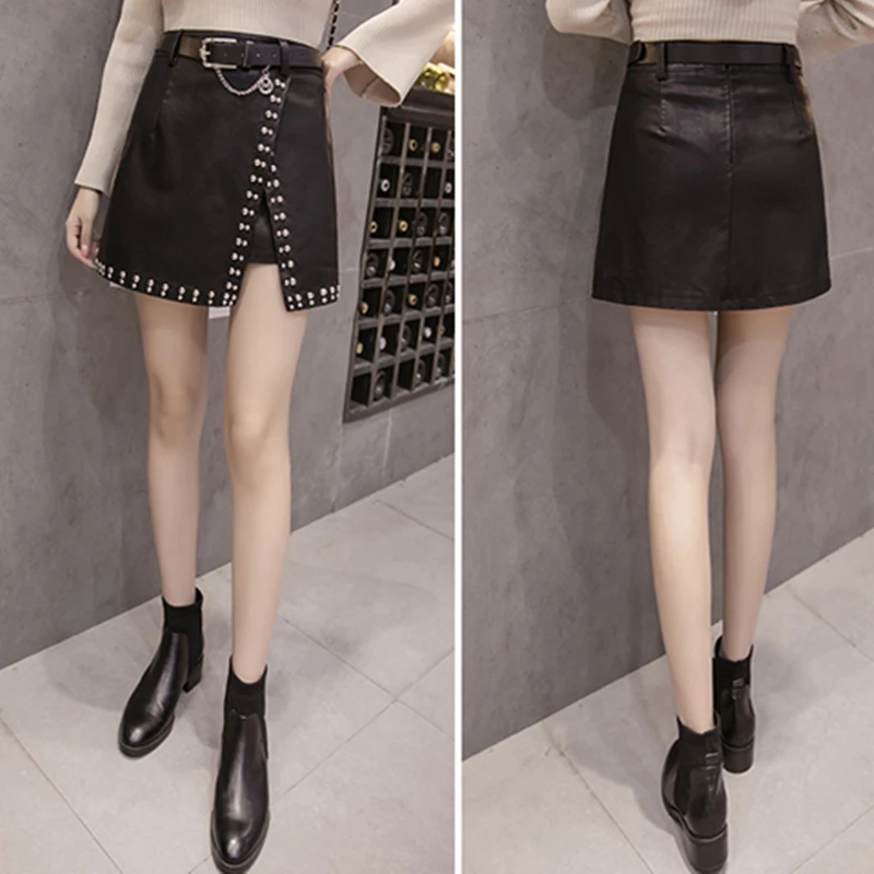 Женская юбка из искусственной кожи с бусинами на весну и лето модная разрезом