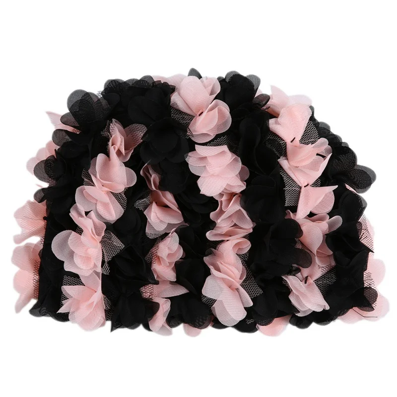 Black and Pink Цветок лепестки плавание Кепка шапка свободный размер для женщин лепестки шапочка для купания - Цвет: Black and Pink