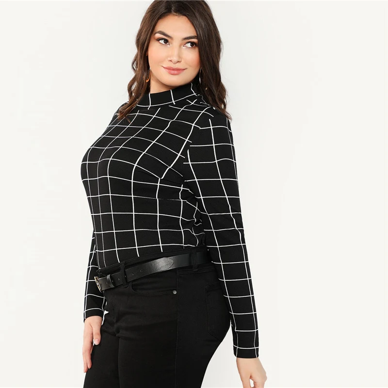 SHEIN Джемпер Размера Плюс С Длинным Рукавом В Клетку, Клетчатый Офисный Джемпер